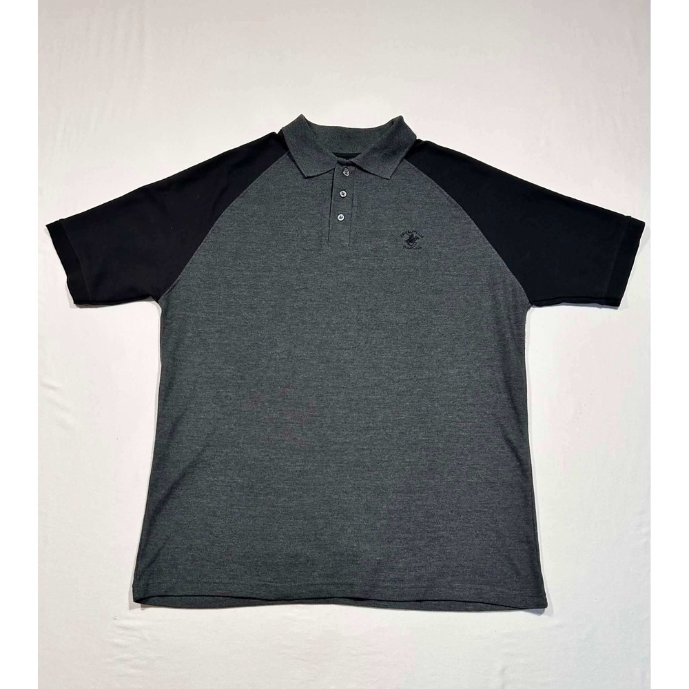 Beverly Hills Polo Club Mens Large Polo Shirt Grey Black Raglan Modern Fit Logo